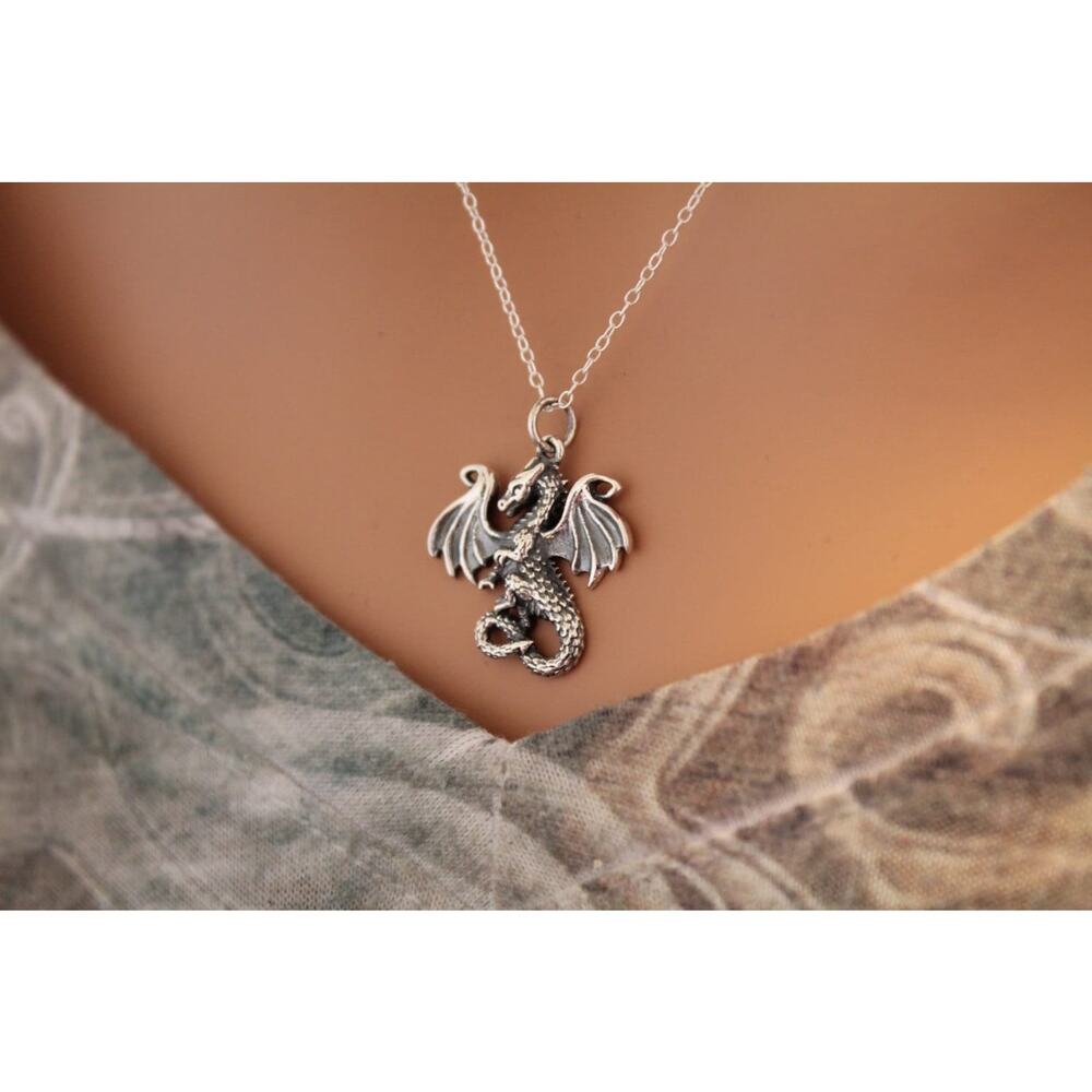 Sterling Silver Dragon Necklace, Silver Dragon Pendant Necklace